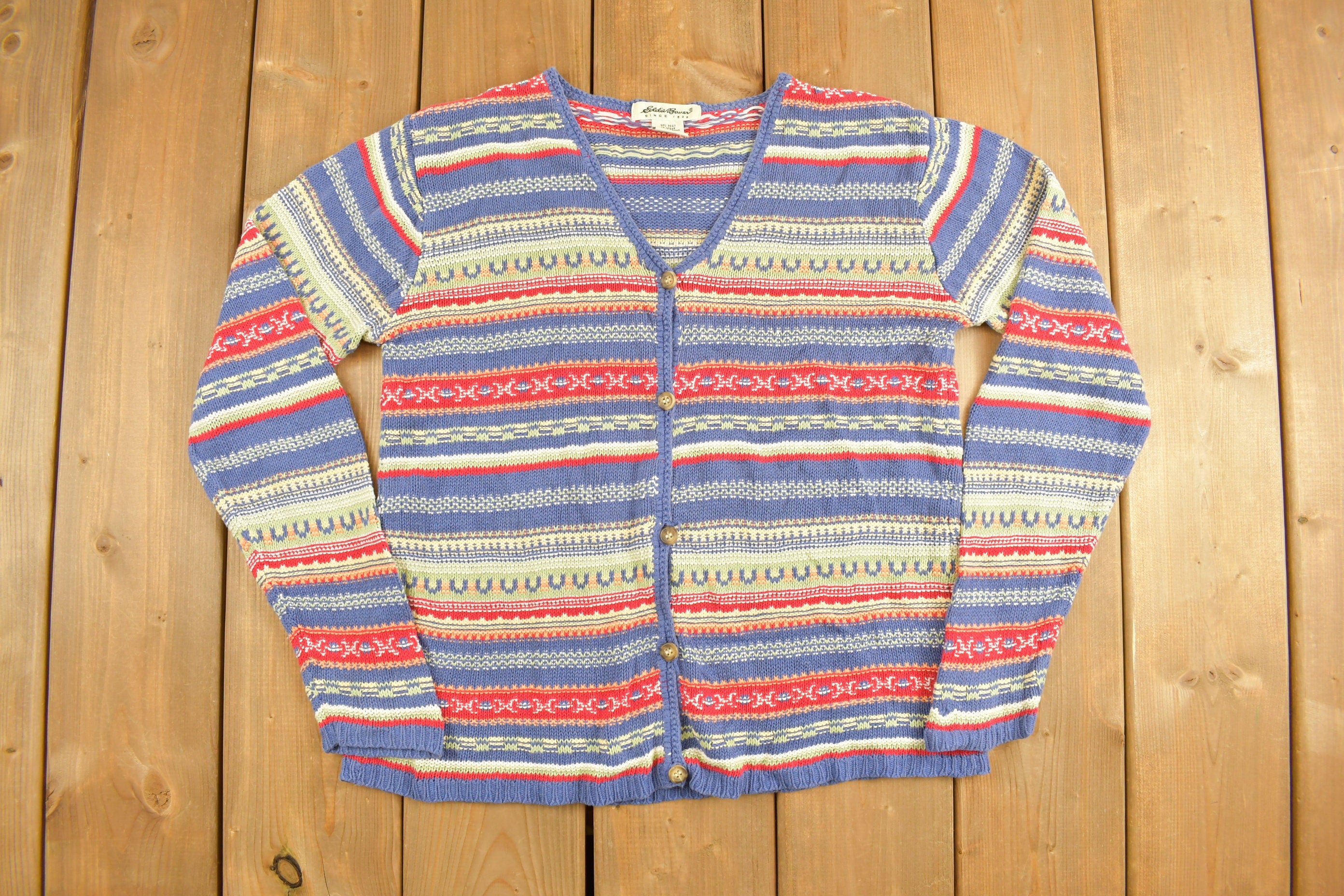 Vintage 1990s Womens Eddie Bauer Rainbow Button Up Knitted Cardigan Sweater