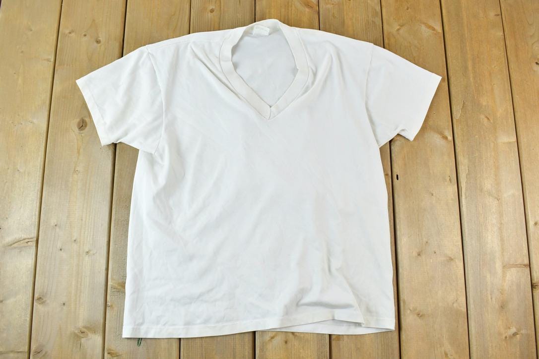 Vintage 1980s Blank White V Neck Single Stitch T-Shirt