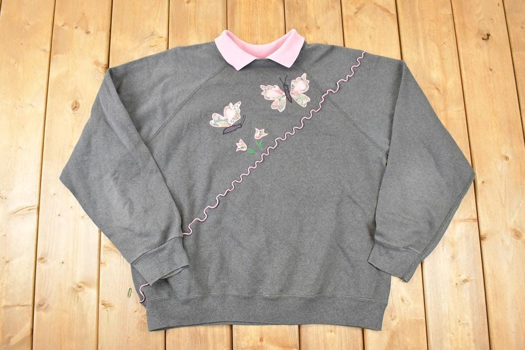 Vintage 1990s Sweats Appeal Embroidered Butterfly Collared Crewneck Sweatshirt Women's XXL
