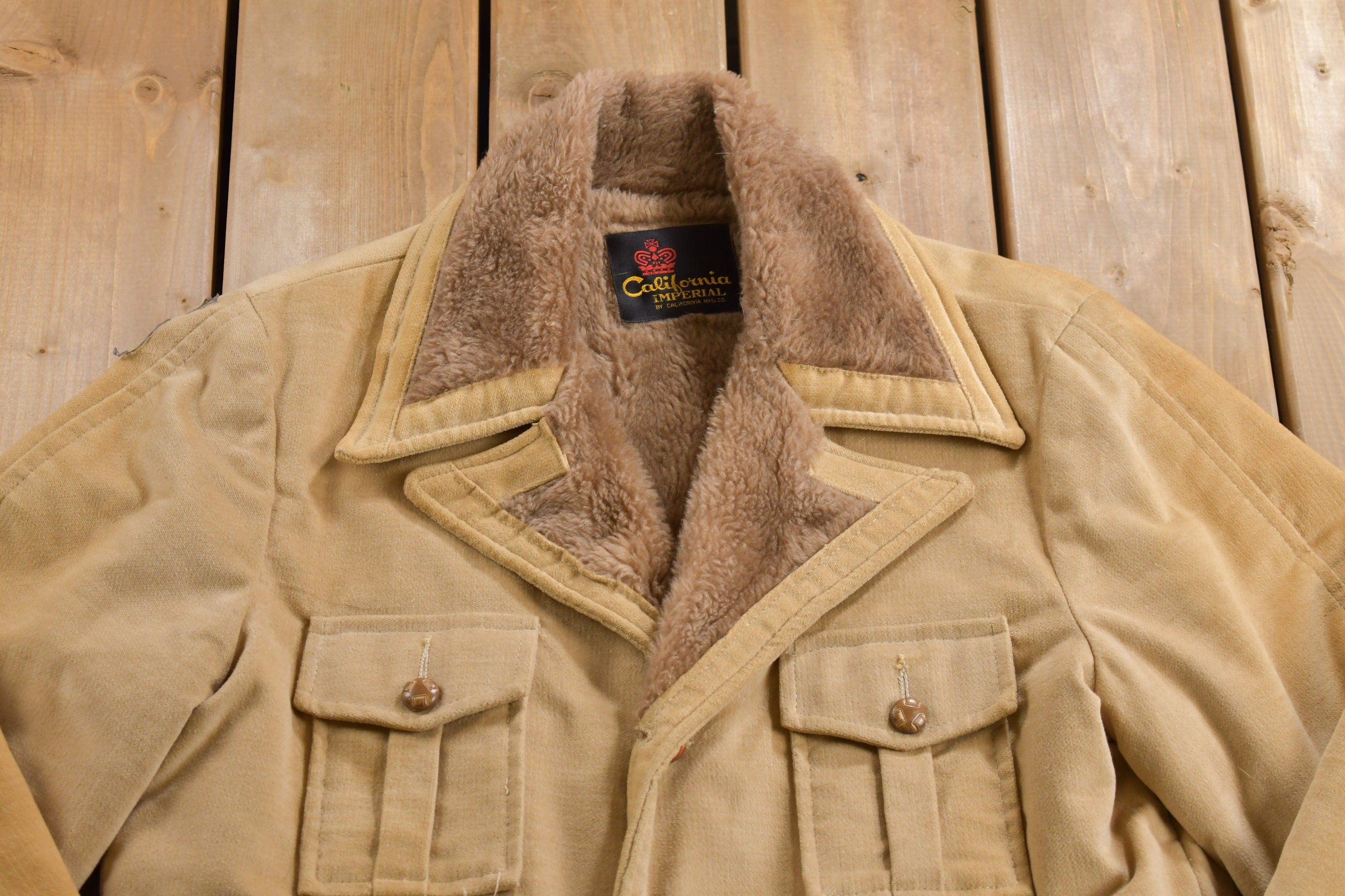 Vintage 1980s Faux Fur Lined 4 Pocket Beige Coat Fall Winter Outerwear