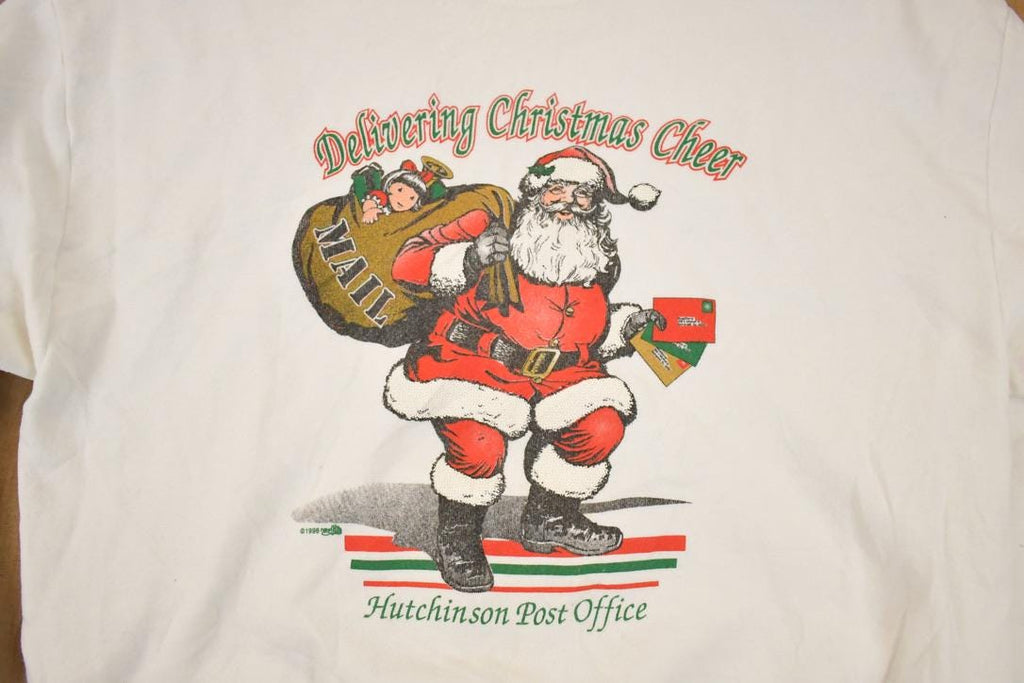 Vintage 1990s Delivering Christmas Cheer Graphic Print Santa Crewneck Sweatshirt Mens L