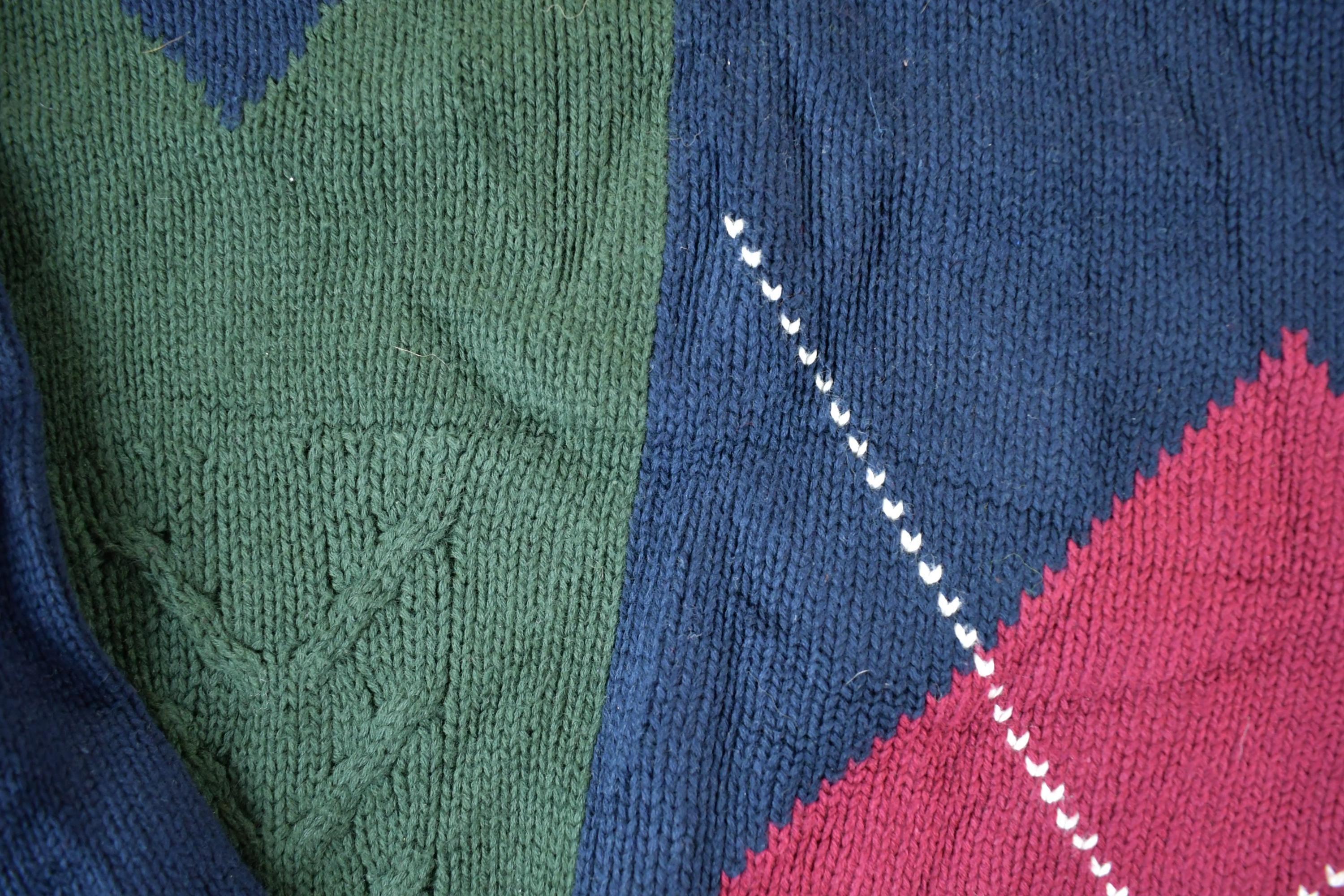 Vintage 1990s Woods And Grey Argyle Knit Abstract Pattern 100% Cotton Crewneck Sweater