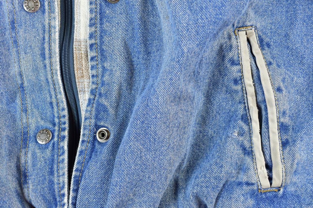 Vintage 1990s Hooded Plaid Lined Jean Jacket Made In USA