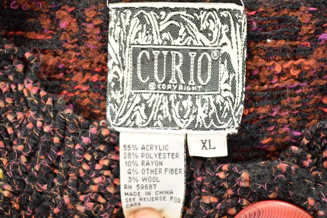 Vintage 1990s Curio Abstract Knit Cardigan Sweater Women's L / Preppy Knit Cardigan / Fancy Knit Vintage Cardigan / Grunge Sweater