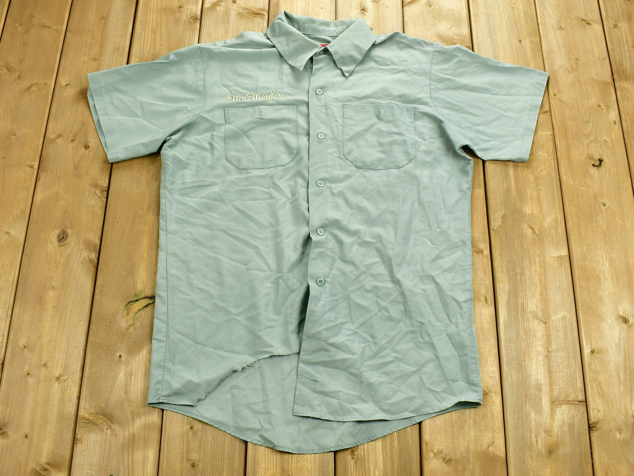 Vintage 1970s Chain Stitched Button Up Uniform T-Shirt  Mr. Meyler  Embroidered  Union Made  Woodbridge School  Distressed  Pocket Tee