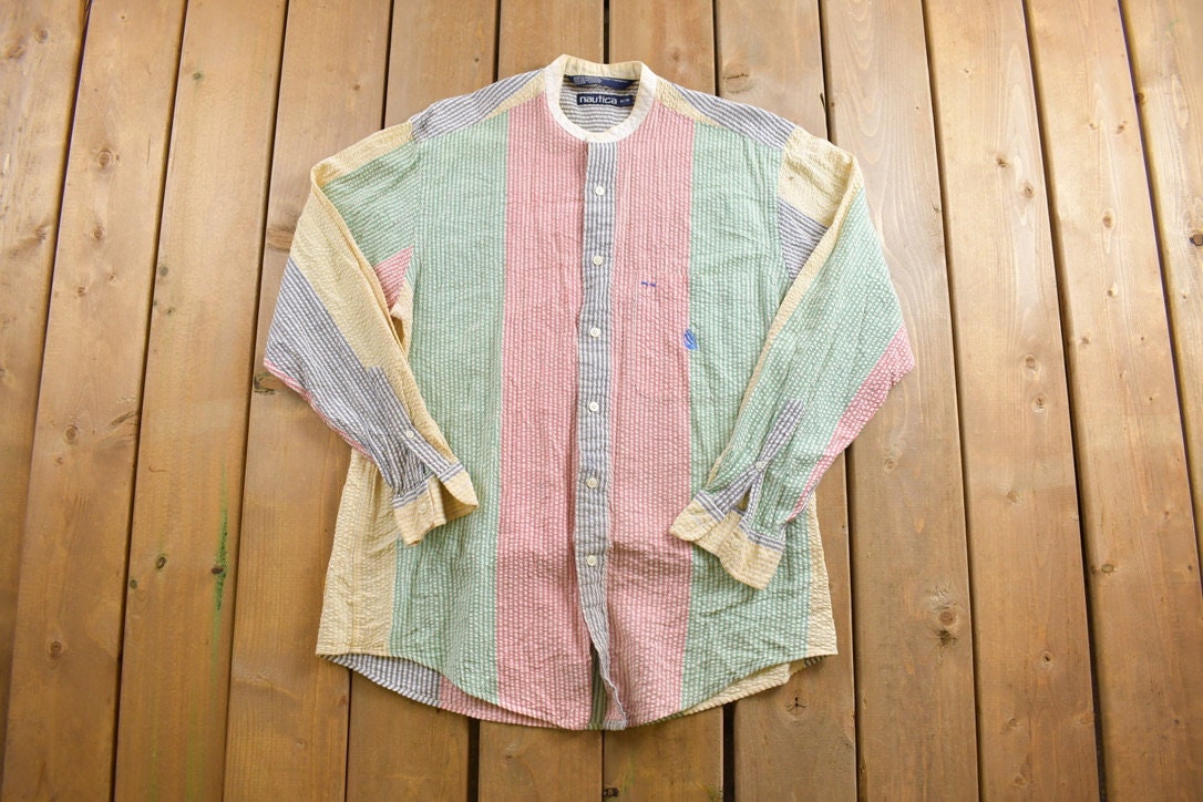 Vintage 1990s Seersucker Nautica Striped Button Up Shirt
