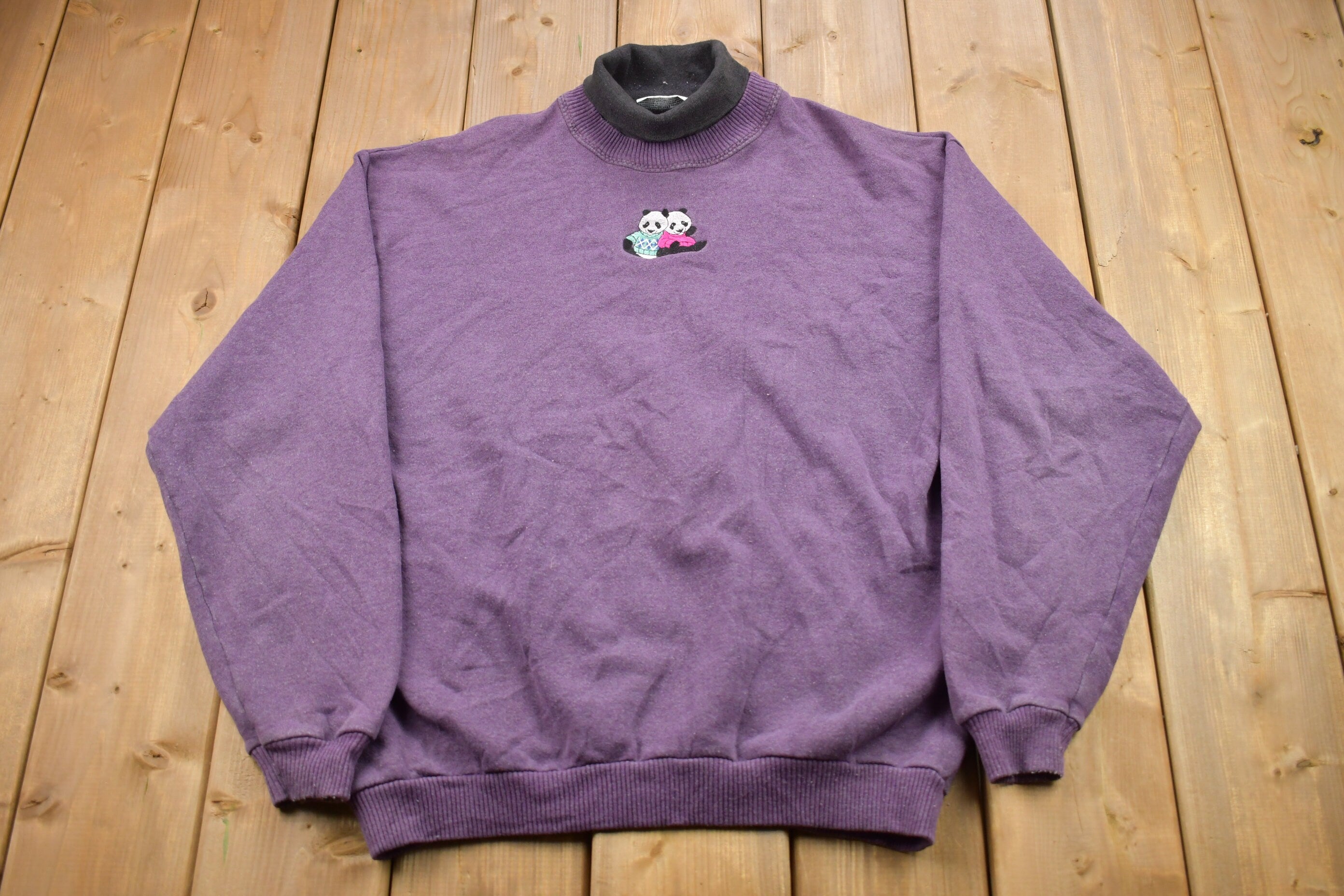 Vintage 1990s Cute Panda Made in USA Embroidered Turtleneck Sweater
