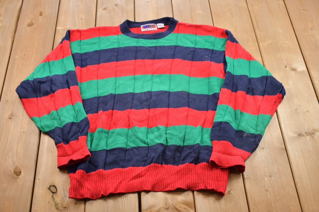 Vintage 1990s Knitted Striped Crewneck Sweater /