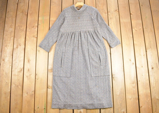 Vintage 1950s Herringbone Long Sleeve Mock Neck Dress / True Vintage / Retro Style / Peasant Dress / Wool