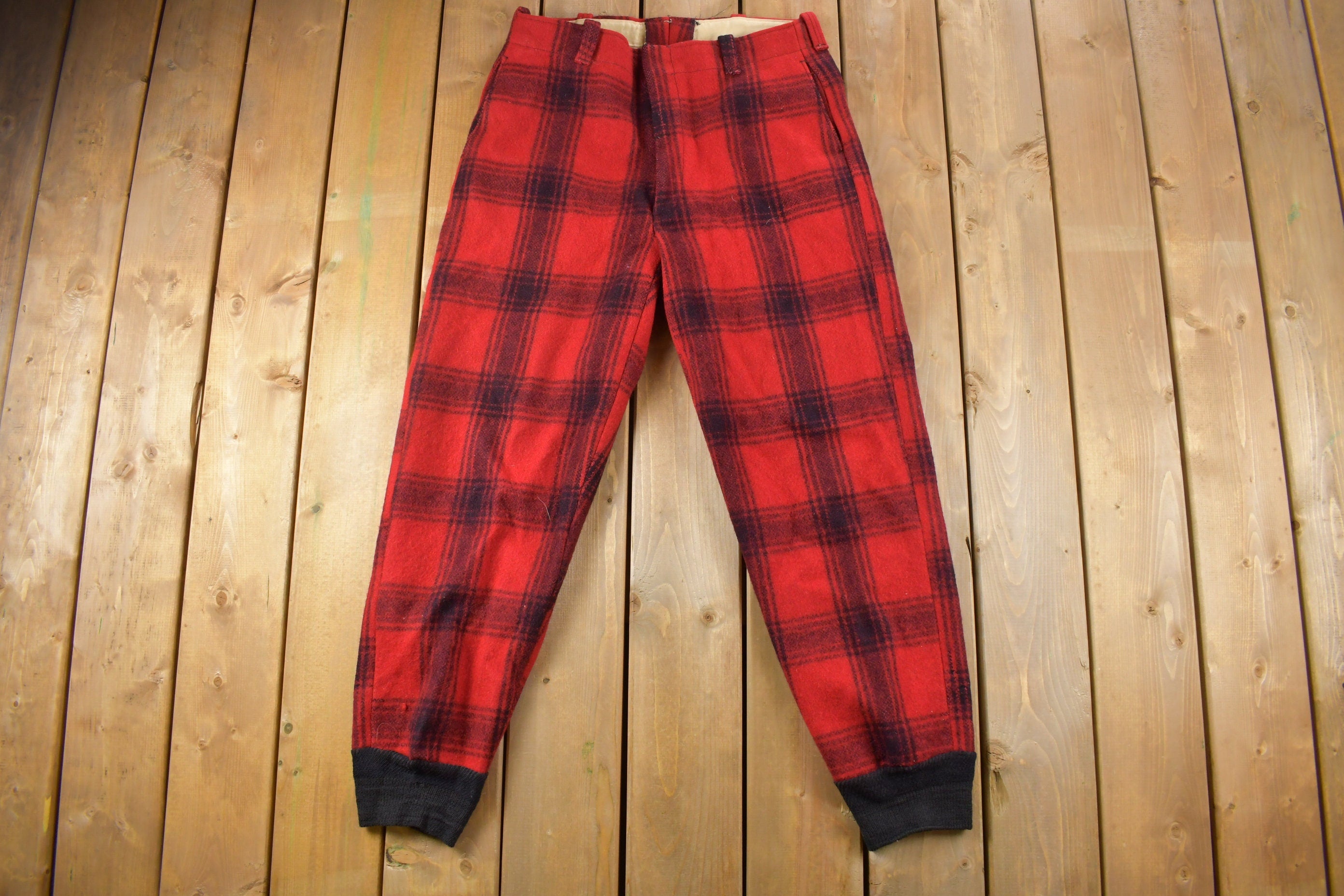 1950s Vintage Red Plaid Wool Trousers 38 x 30