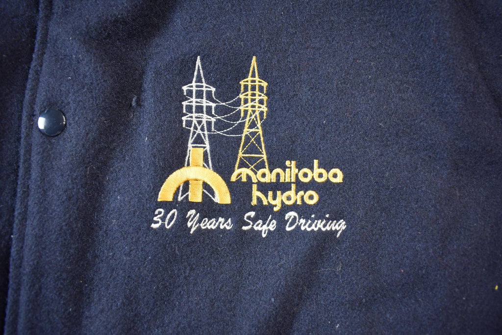 Vintage 1990s Manitoba Hydro Embroidered Logo Leather & Wool Varsity Jacket