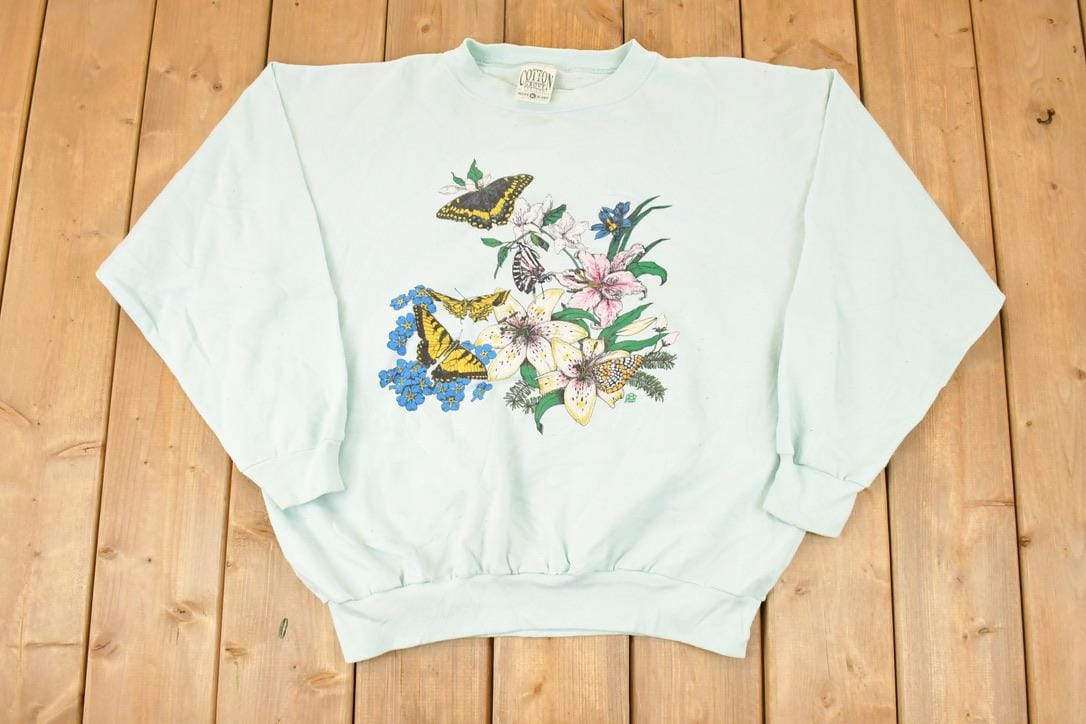 Vintage 1991 Floral Butterfly Graphic Print Crewneck Sweatshirt Women's XL