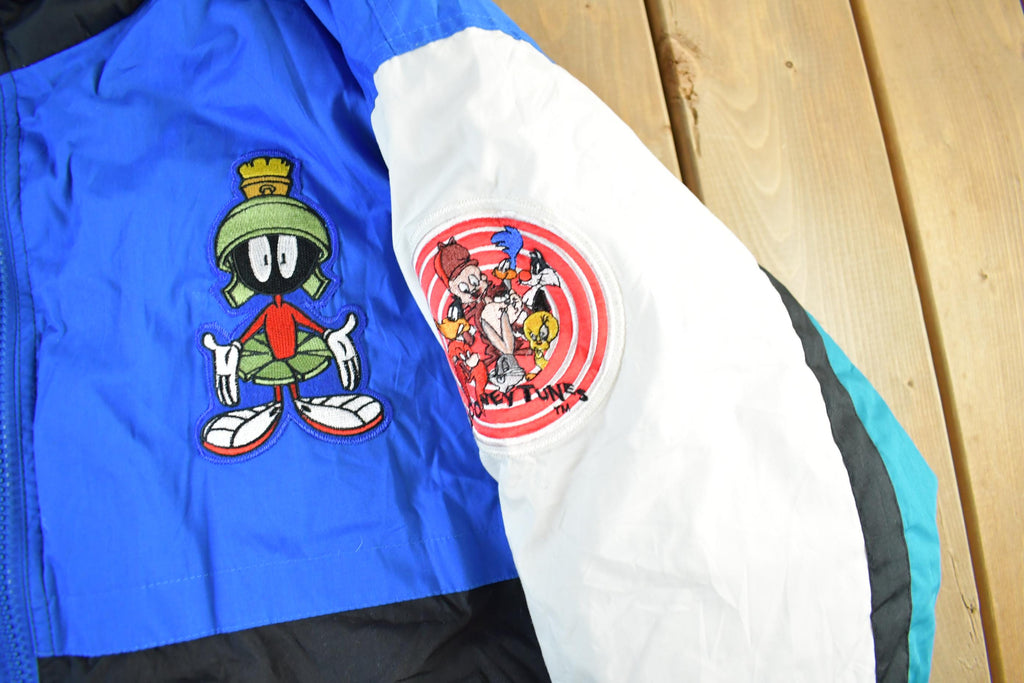 Vintage 1990s Looney Tunes Puffer Jacket Men's Large / Embroidered / Cartoon Print / Marvin the Martian / 90s TV Promo