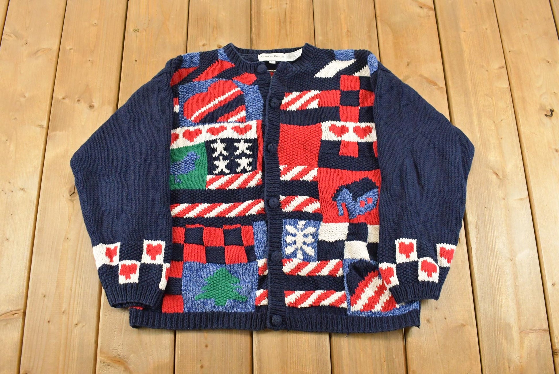 Vintage 1990s Alexandra Bartlett Grandma All Over Print Knit Cardigan Sweater Women's M / Button Up Sweatshirt / AOP Pattern
