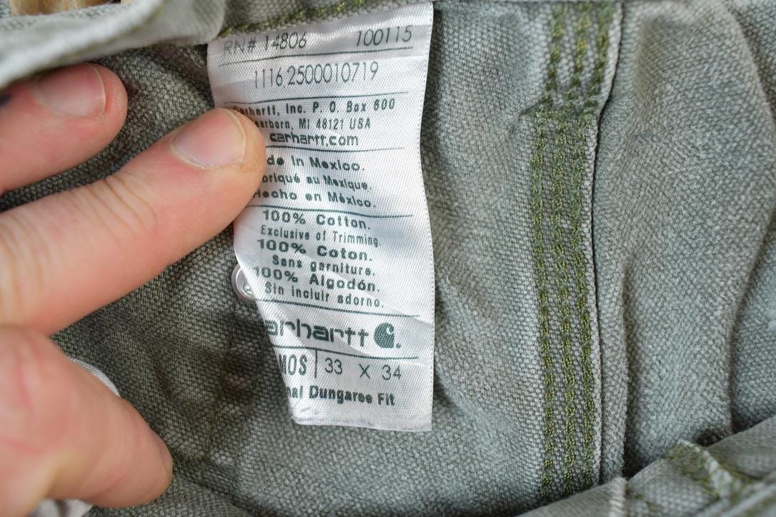 Vintage 1990s Carhartt Double Knee Olive Grey Denim Riveted Work Pants Size 33 x 34