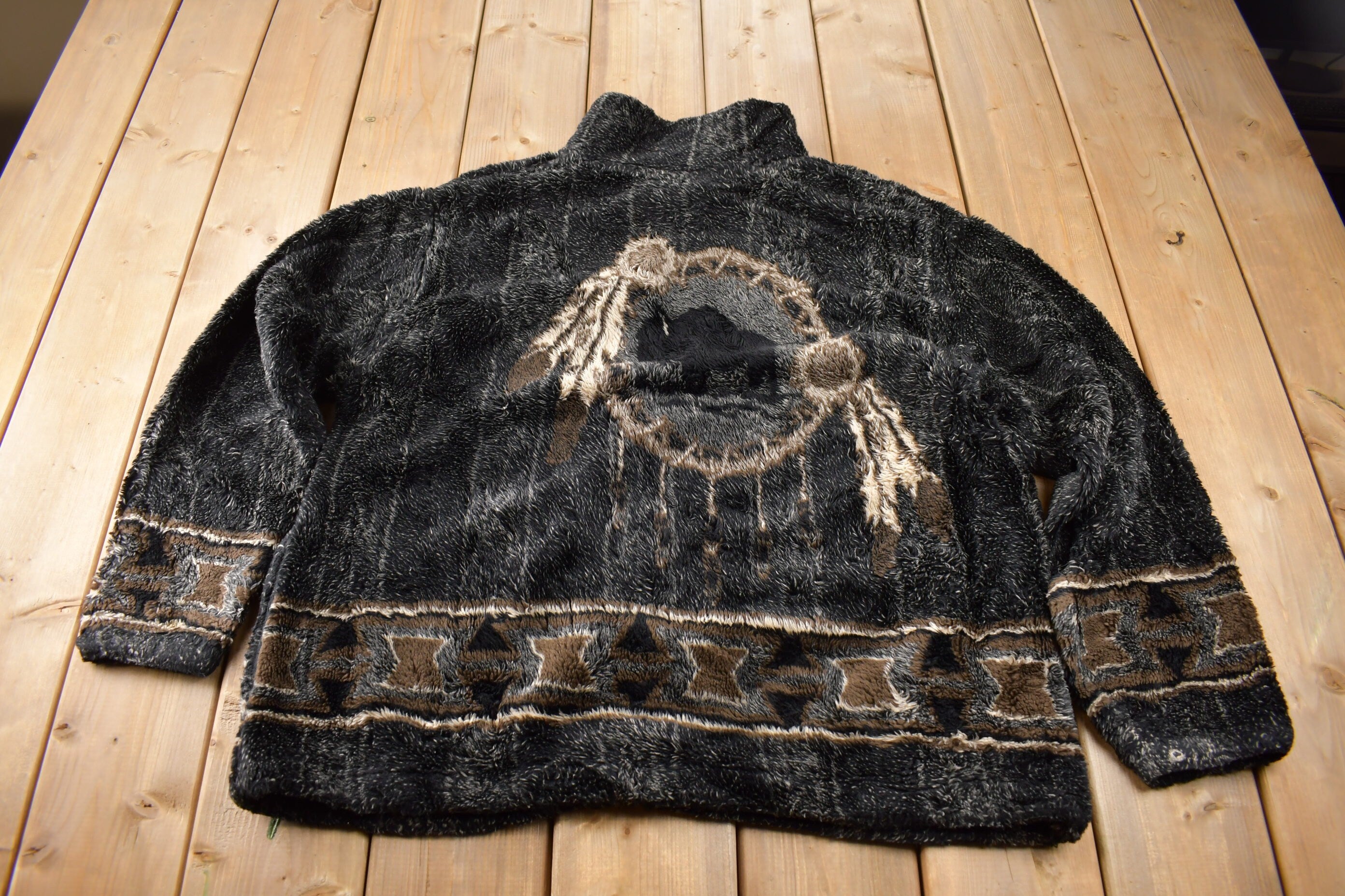 Vintage 1990s Dreamcatcher Graphic All Over Print Zip Up Fleece Sweater Size L Made In USA