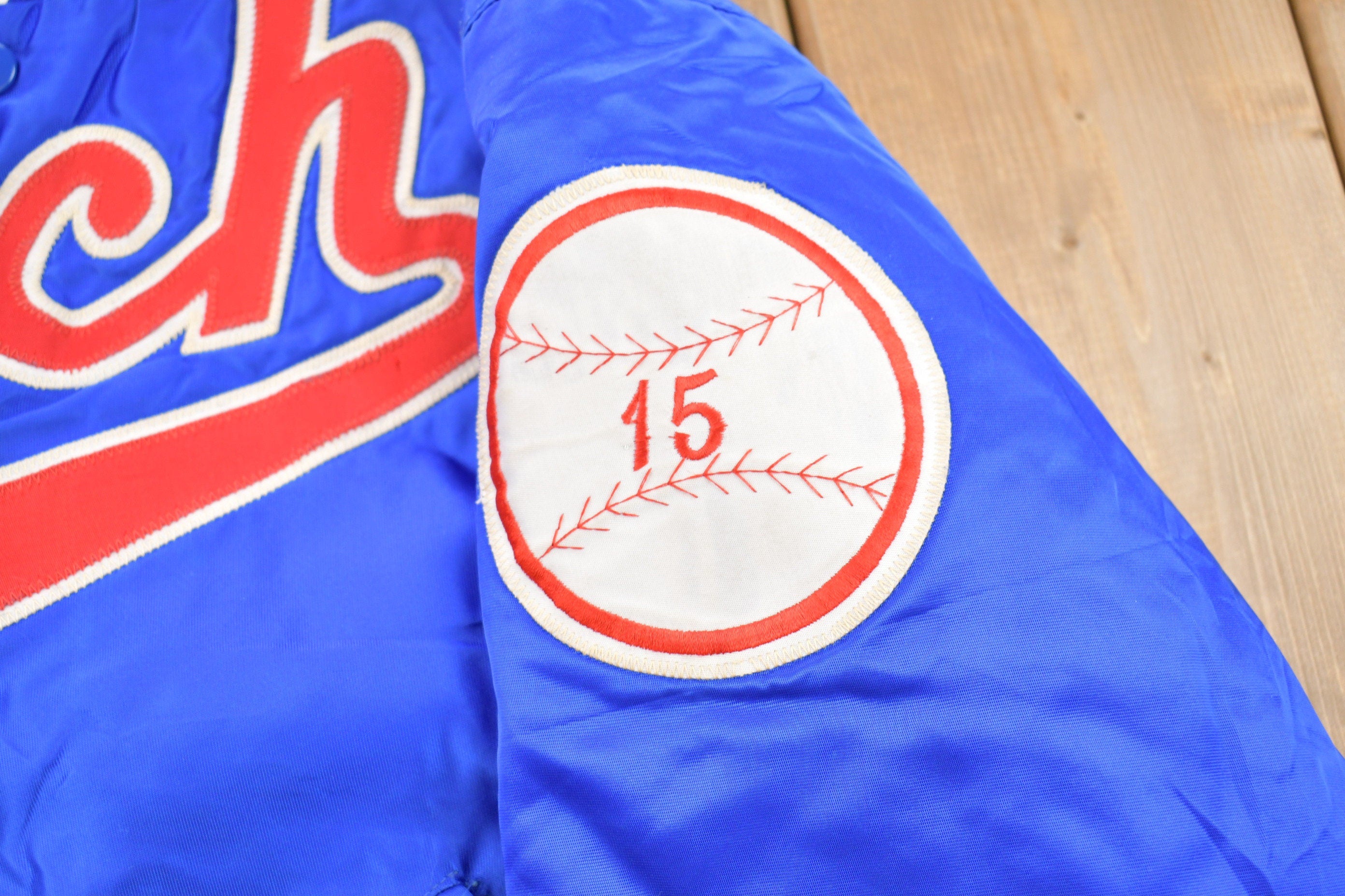 Vintage 1980s Tech Baseball Embroidered Satin Bomber Jacket