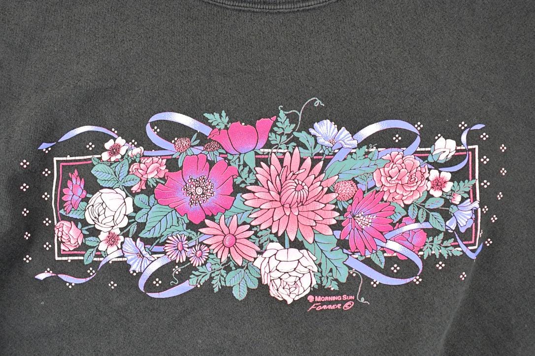 Vintage 1990s Morning Sun Floral Theme Graphic Print Double Collar Crewneck Sweatshirt Womens L