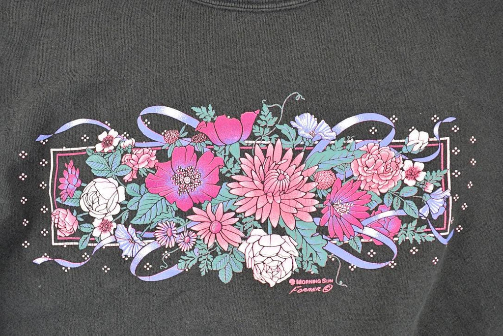 Vintage 1990s Morning Sun Floral Theme Graphic Print Double Collar Crewneck Sweatshirt Womens L / Made In USA / 90's Flower Sleeve Sweater