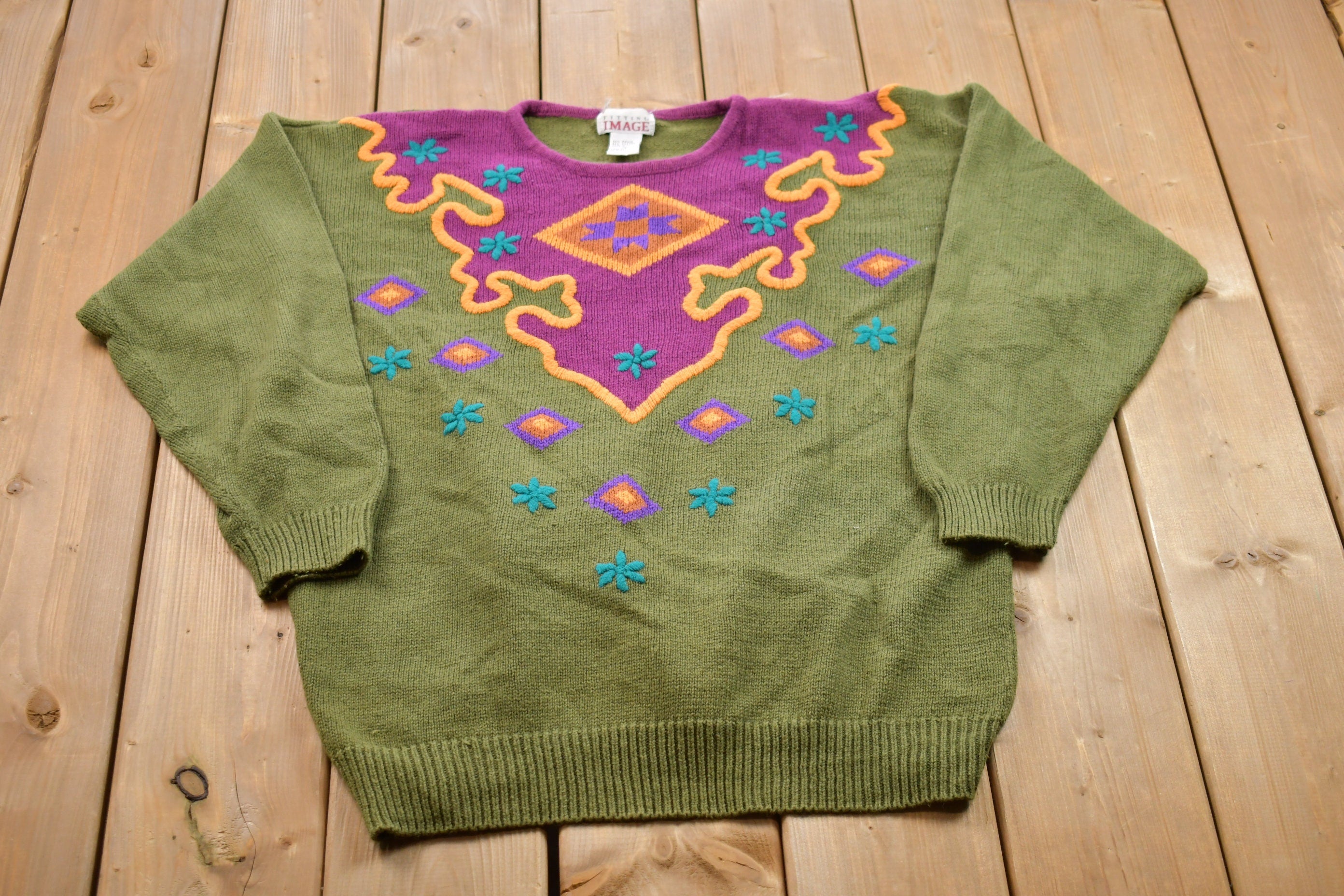 Vintage 1990s Knitted Pattern Crewneck Sweater /