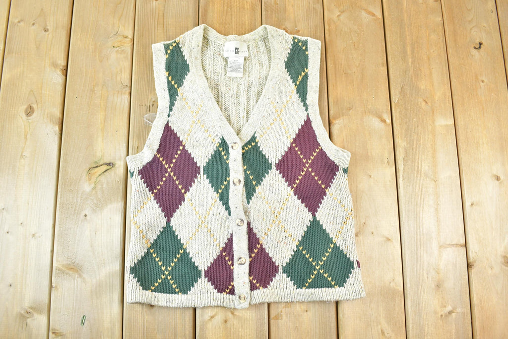 Vintage 1990s Cotton Ginny Argyle Pattern Chunky Knit Cardigan Sweater Vest Women's S