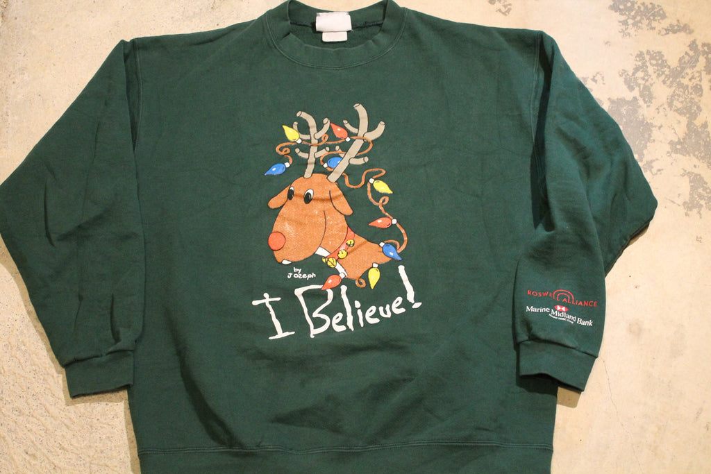 Vintage 1990s Christmas Reindeer Lee Sweater , 90s Holiday Crewneck , I Believe! , Winter Wear , Festive Graphic , Made In USA
