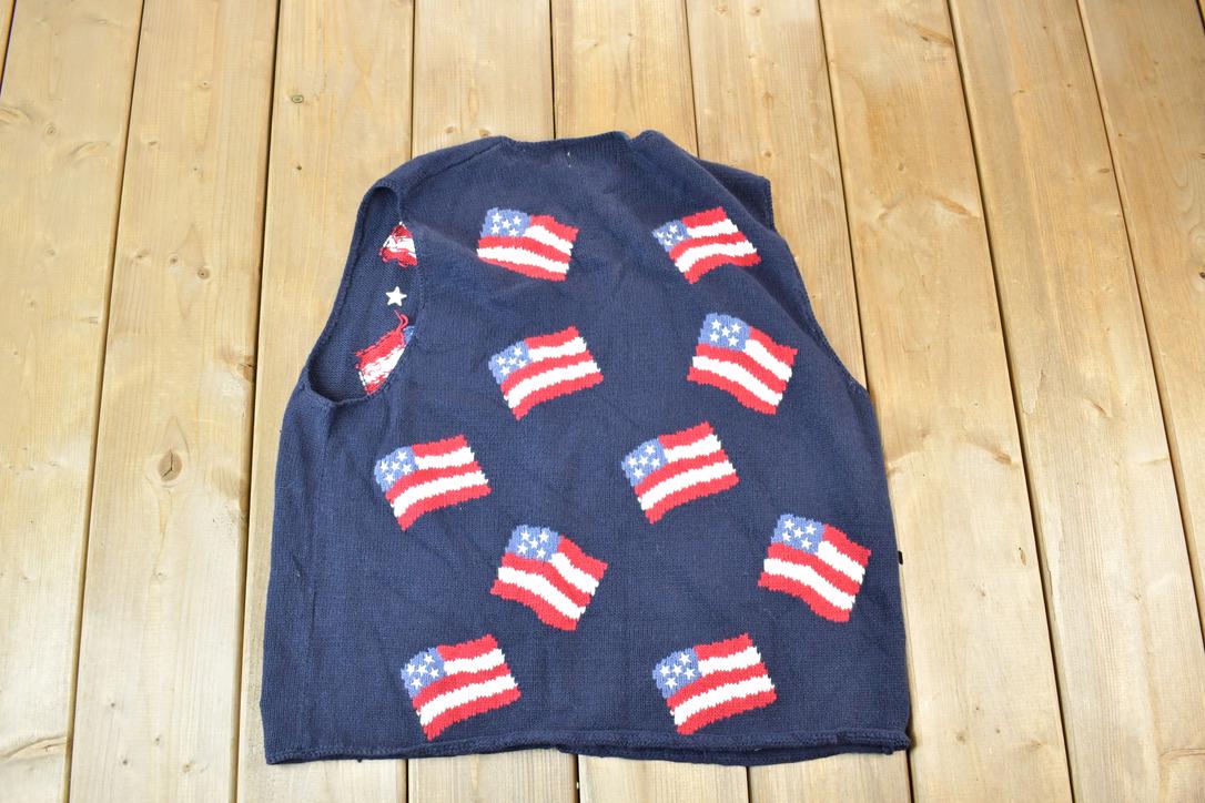 Vintage 1990s Christopher & Banks AOP American Flag Knit Abstract Pattern Cardigan Sweater Vest