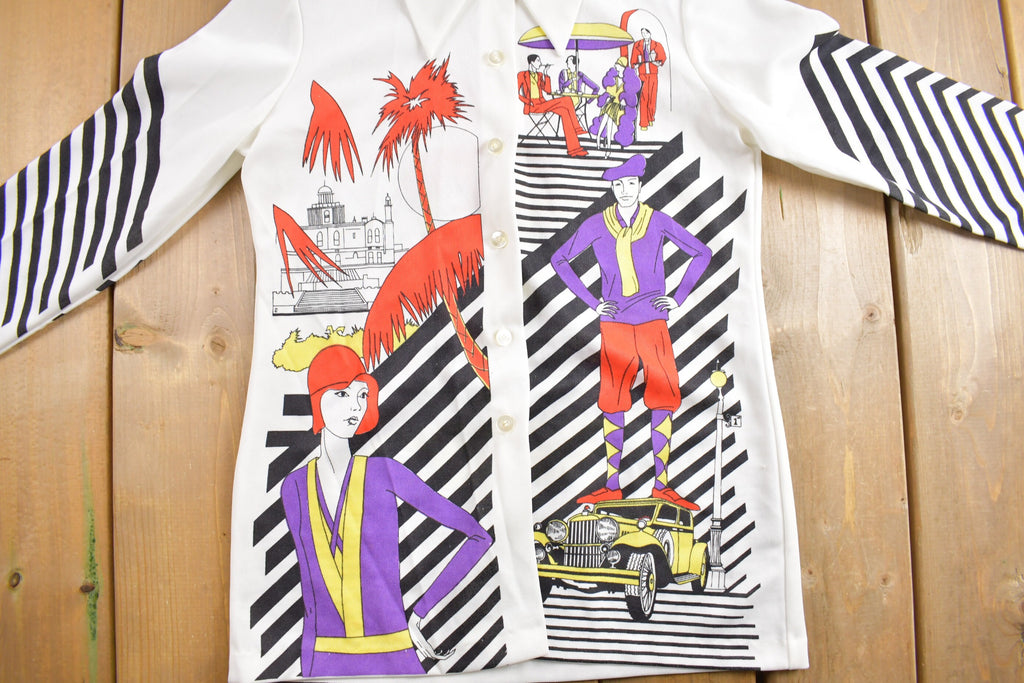Vintage 1970s Parisian Art Deco Graphic Button Up Shirt