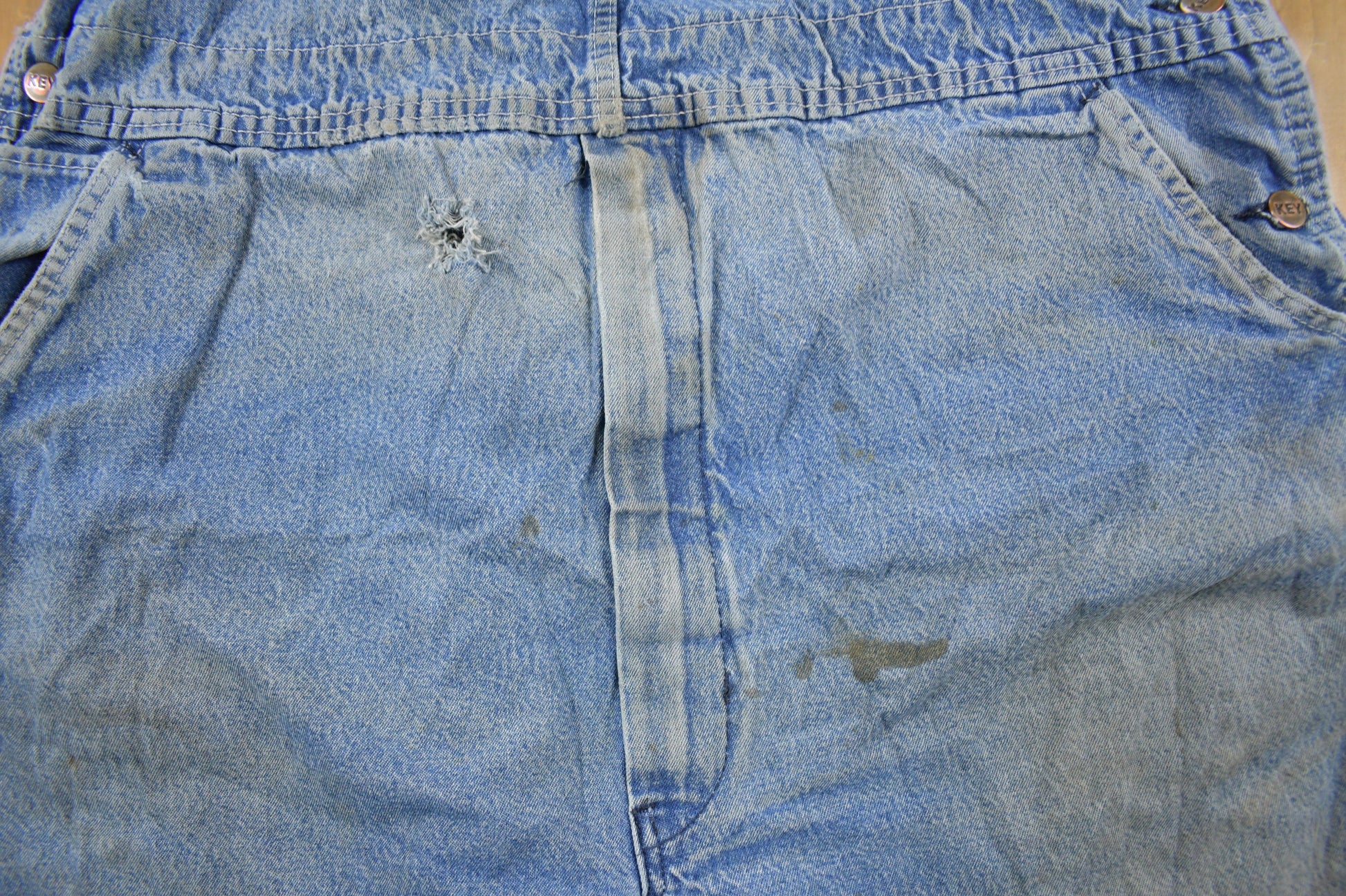 Vintage 1990s KEY Imperial Distressed Denim Jean Overalls Size 44 x 27