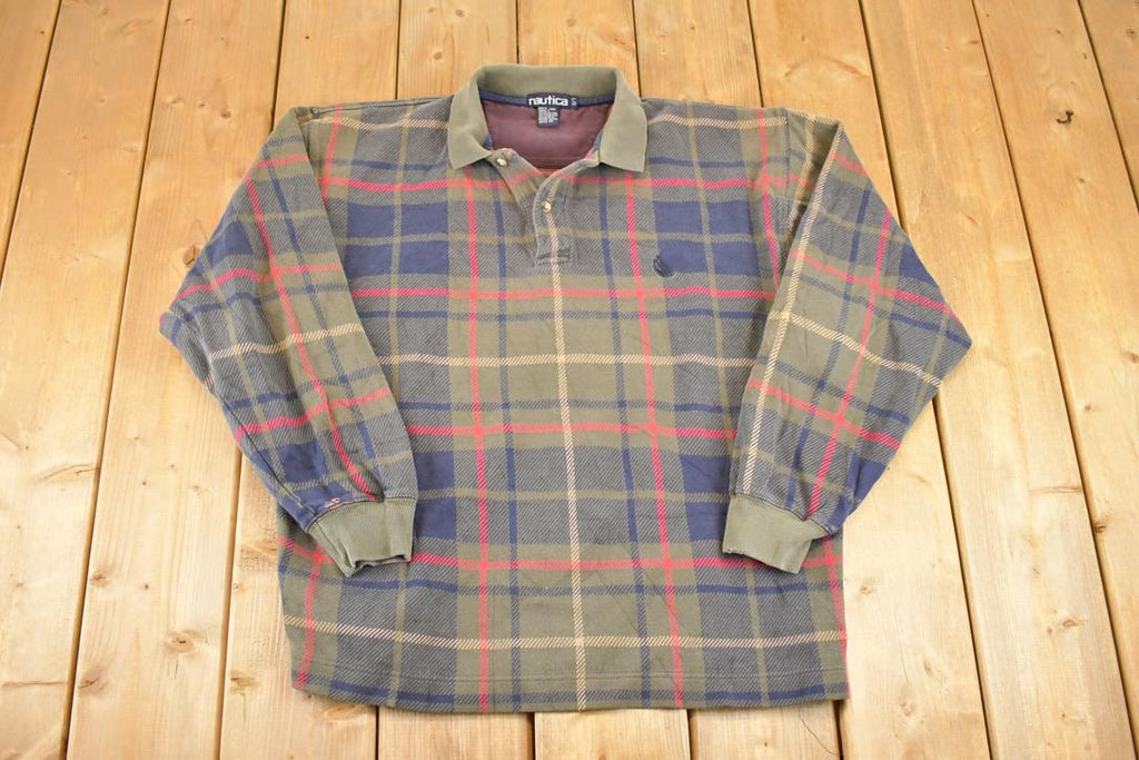 Vintage 1990s Nautica Plaid Souvenir Quarter Button Sweatshirt Mens L / 90s Crewneck / Travel Vacation Sweater / Streetwear