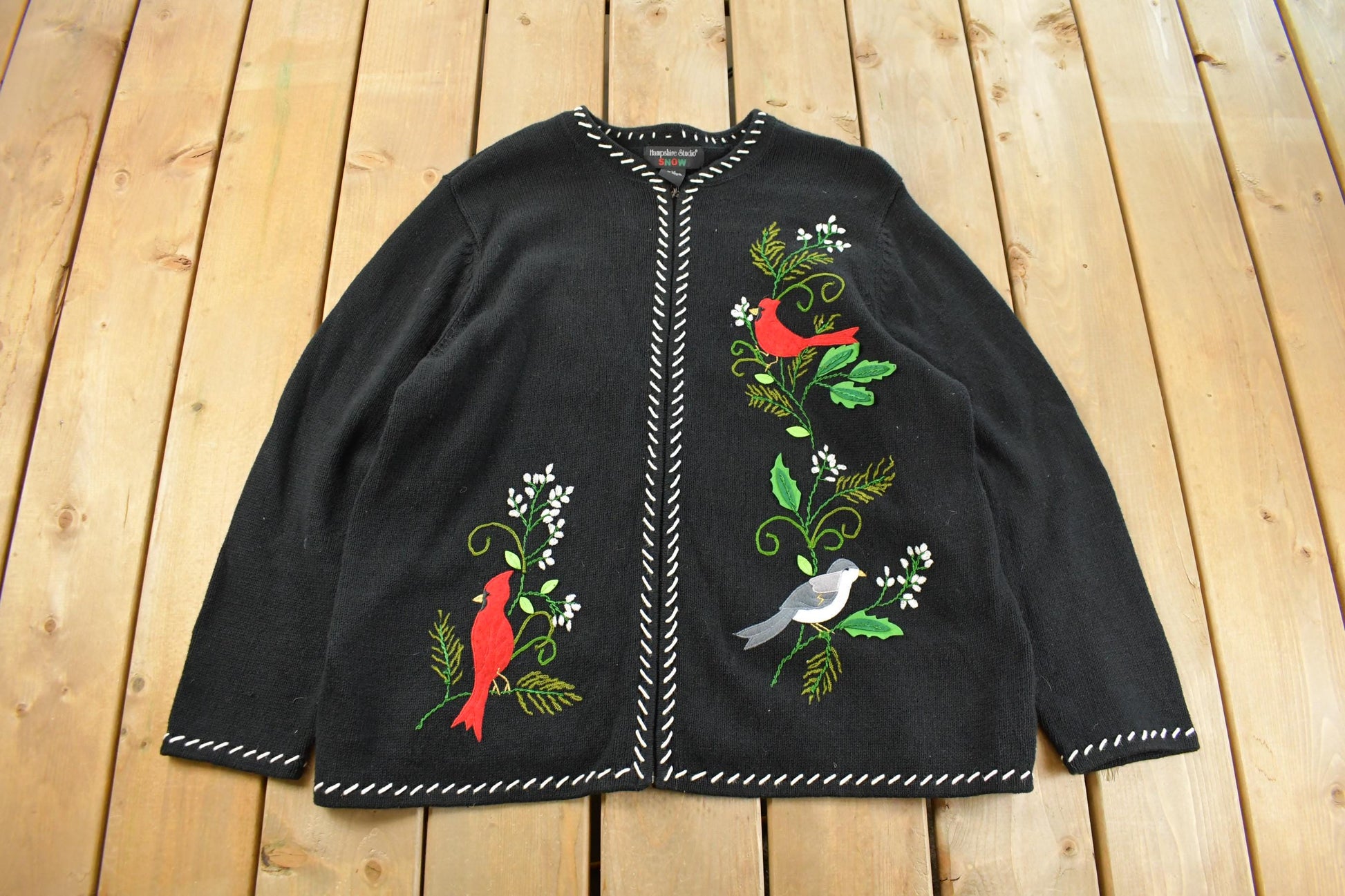 Vintage 1990s Cardinal Birds Graphic Knit Cardigan Sweater Women's 2X