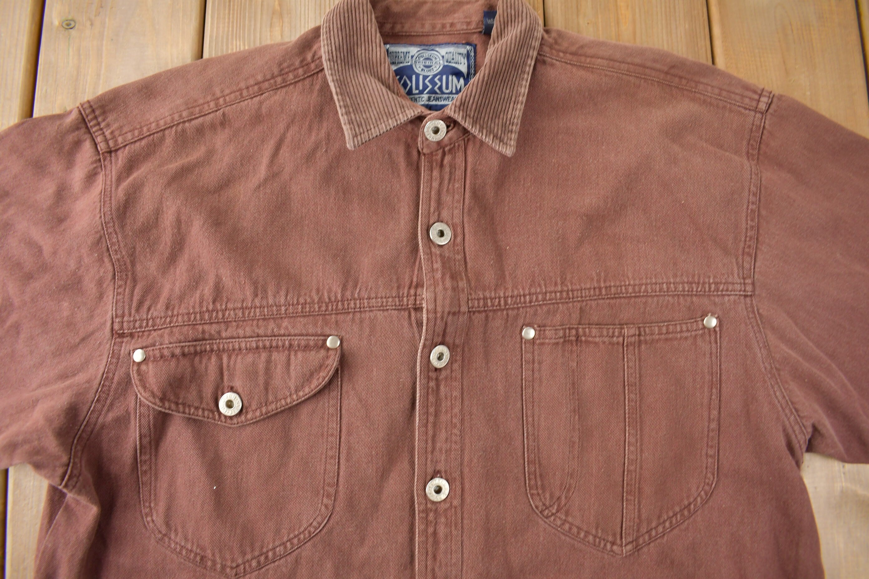 Vintage 1990s Coliseum Brown Corduroy Collar Blank Button Up Shirt Size Large