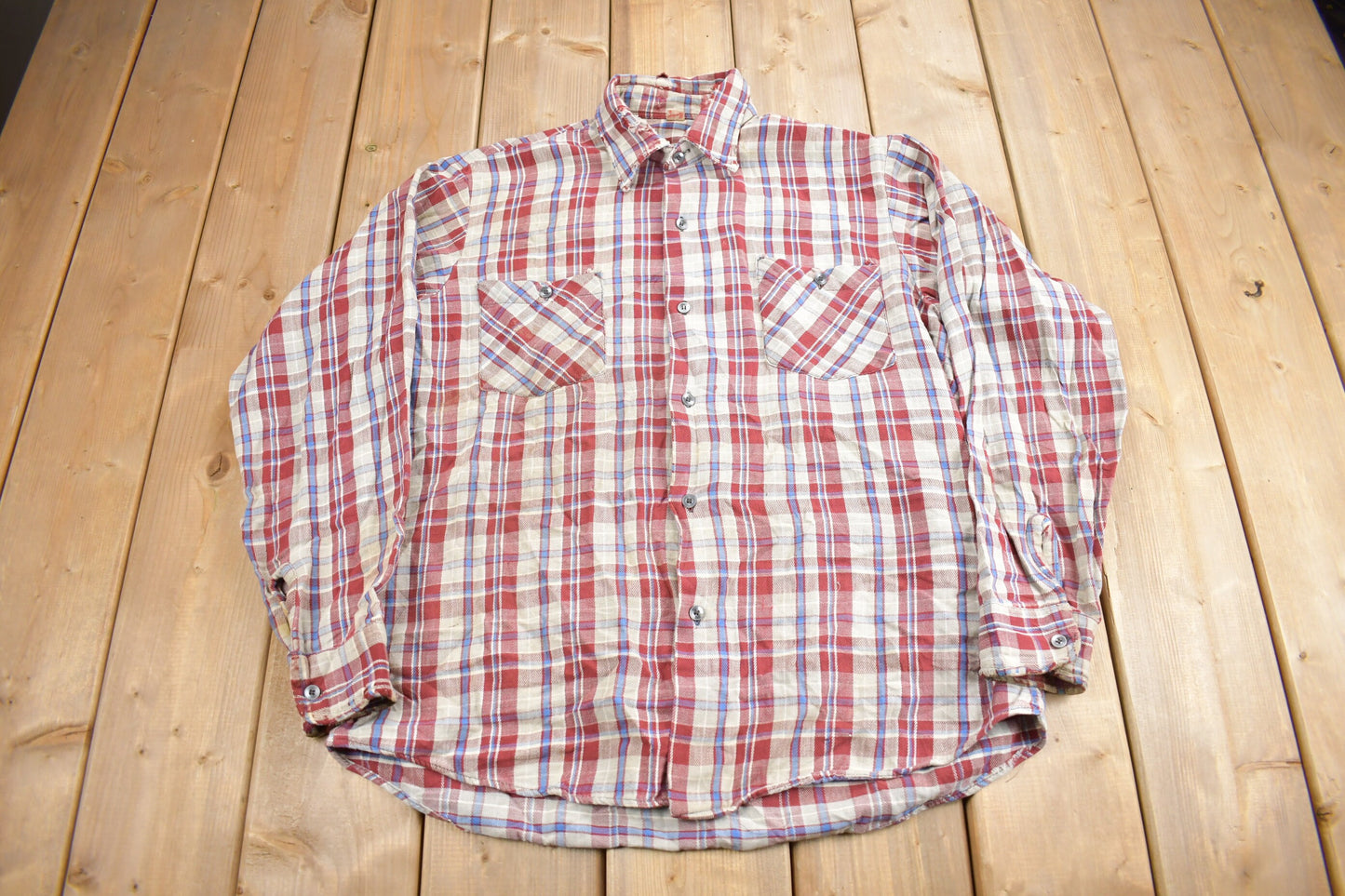 Vintage 1970s Buckeye Plaid Flannel Button Up Shirt / 1970s Button Up / True Vintage / Distressed