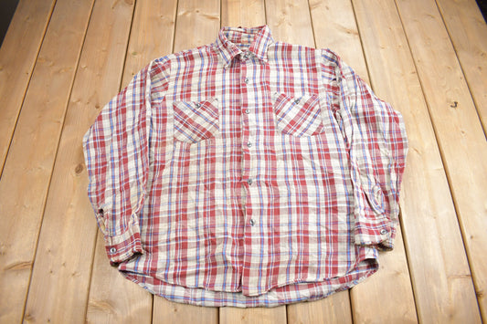 Vintage 1970s Buckeye Plaid Flannel Button Up Shirt / 1970s Button Up / True Vintage / Distressed