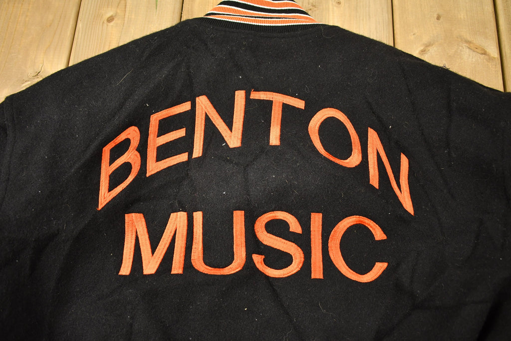 Vintage 1990s Benton Music Wool Varsity Jacket / Embroidered / Orange & Black / Quilted Jacket / Streetwear Fashion / 1990s