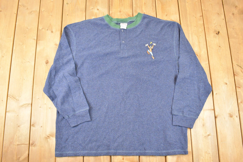 Vintage Y2K Disney Embroidered Goofy Quarter Button Thermal Crewneck Sweater Men's XXL