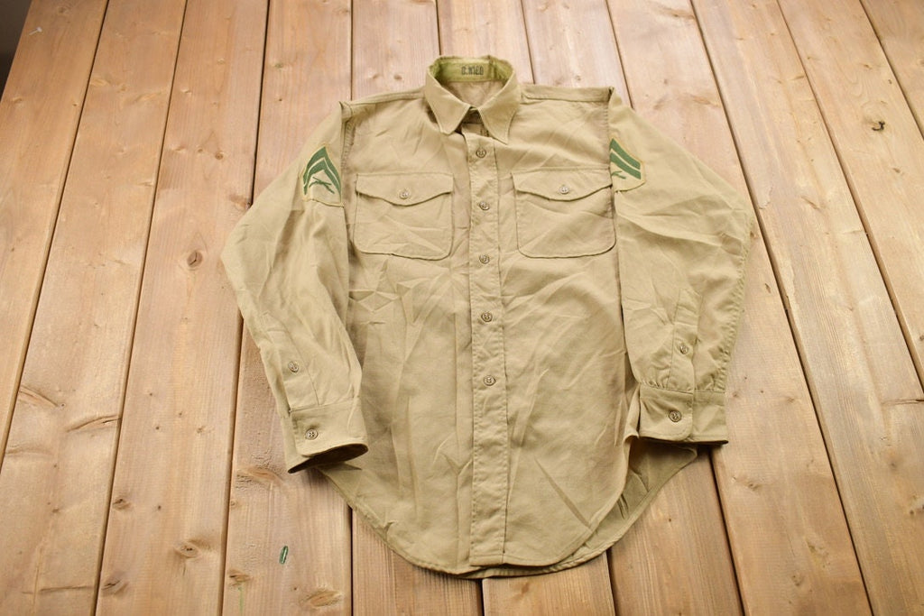 Vintage 1990s Beige Blank USMC Button Up Military Shirt