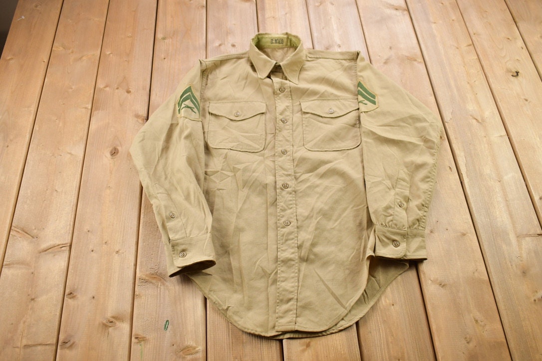 Vintage 1990s Beige Blank USMC Button Up Military Shirt