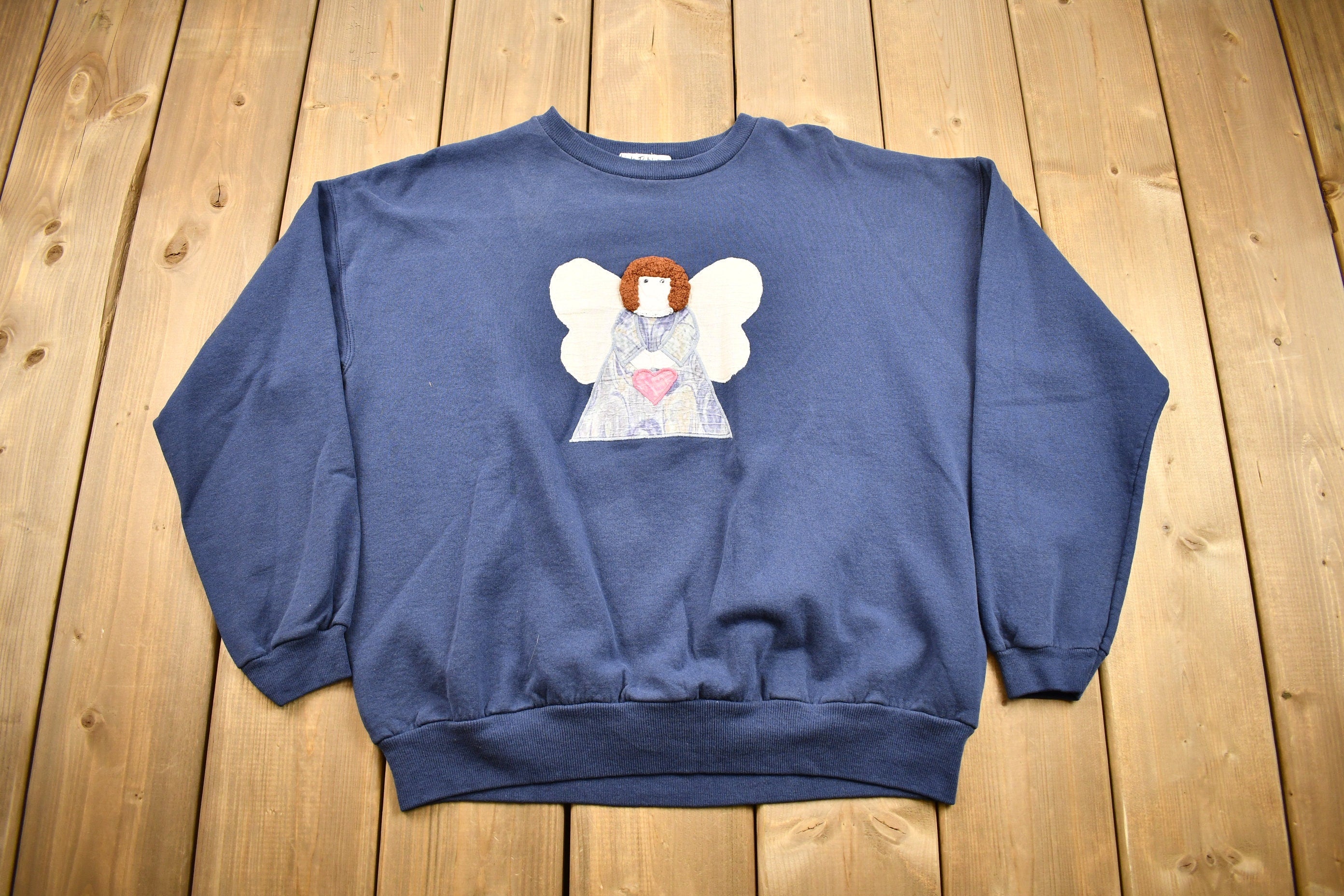Vintage 1990s Hanes Herway Religious Angel Embroidered Crewneck Sweatshirt