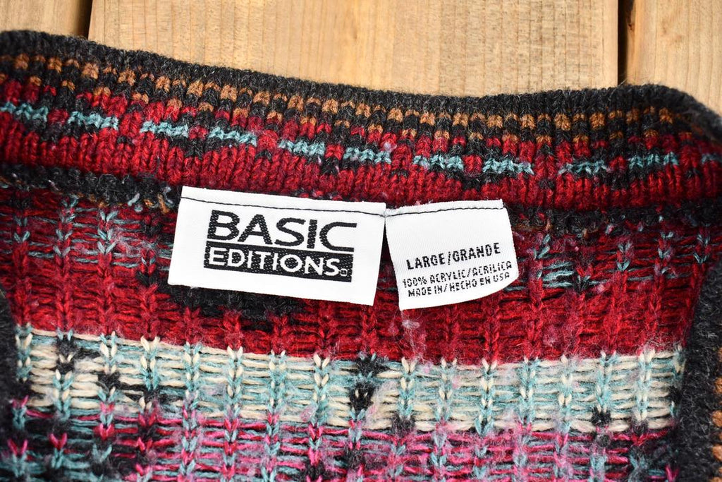 Vintage 1990s Basic Editions Women's Rose and Lily Pattern Knit Cardigan Sweater