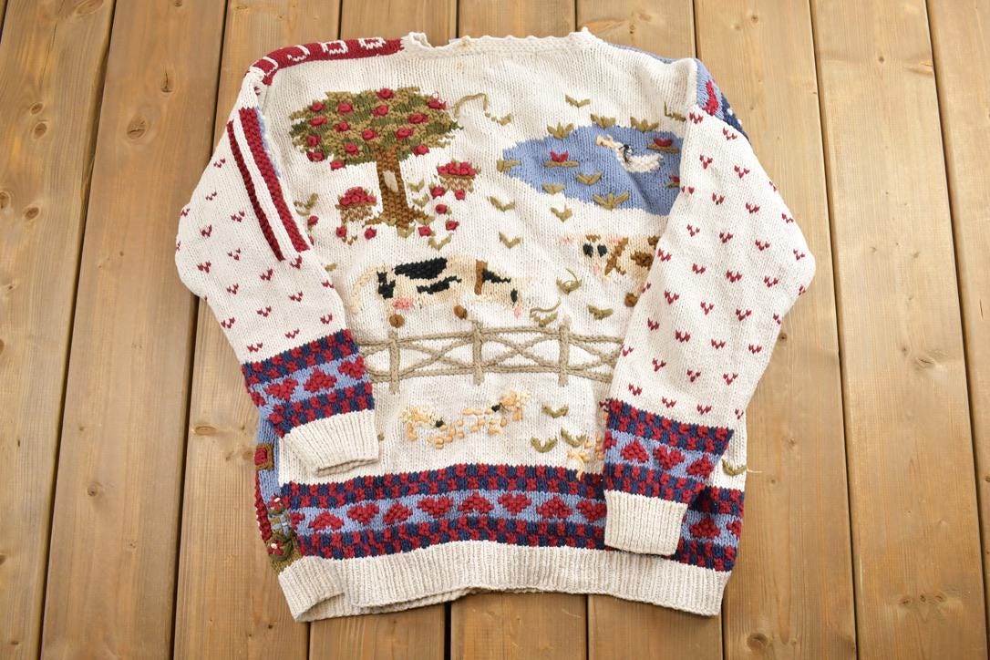 Vintage 1990s Poise N Ivy American Farm Flag 3D Colored Hand Cable Knit Crewneck Sweater