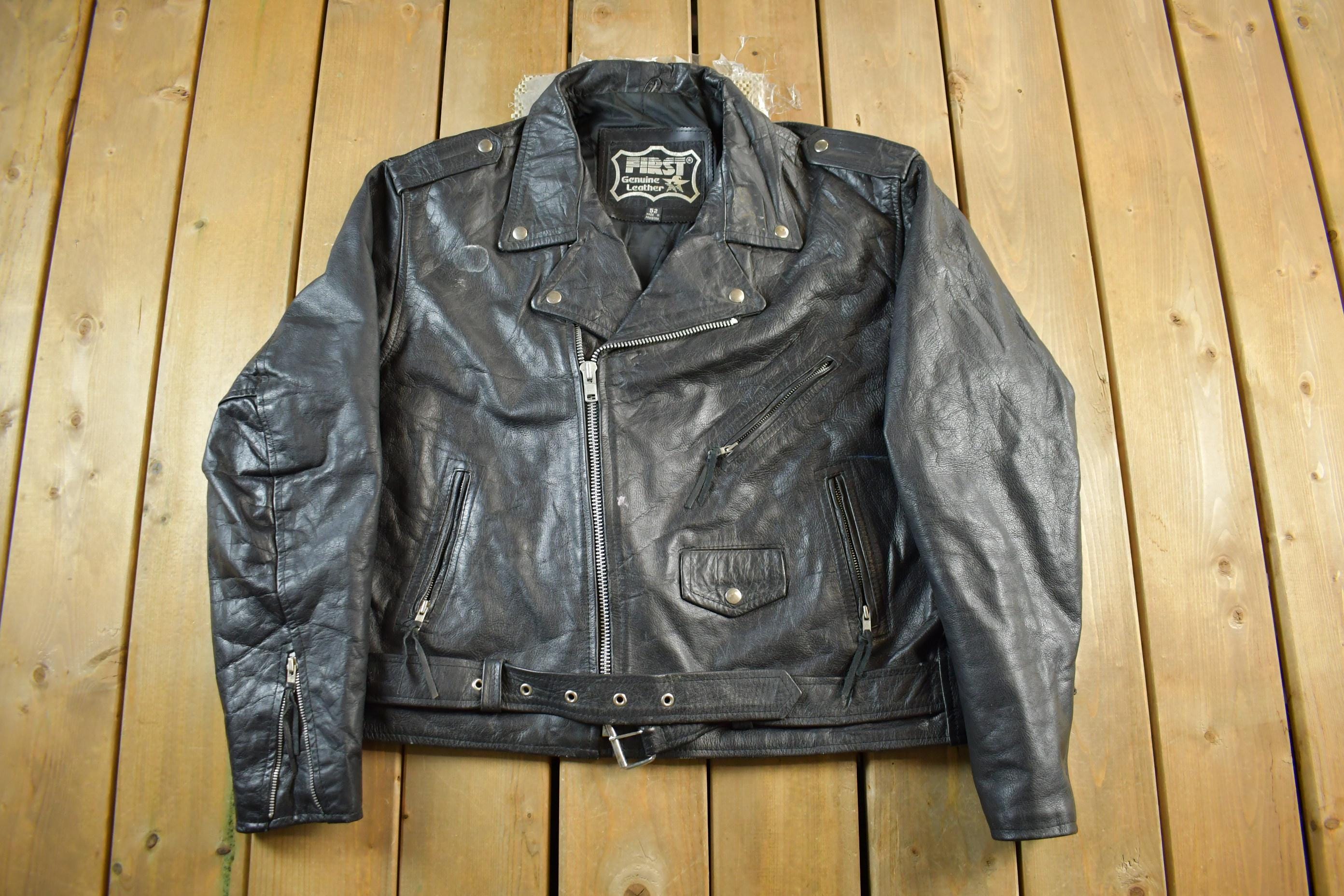Vintage 1990s First Genuine Leather Biker Jacket Adult 52