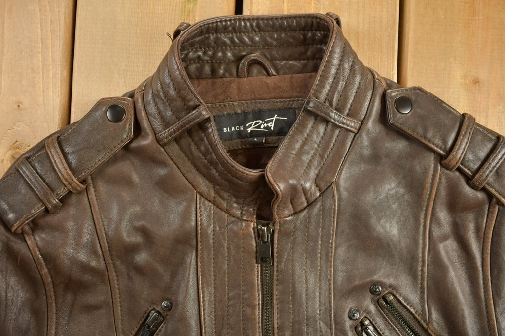 Vintage 1980s Black Rivet Brown Cafe Racer Leather Jacket