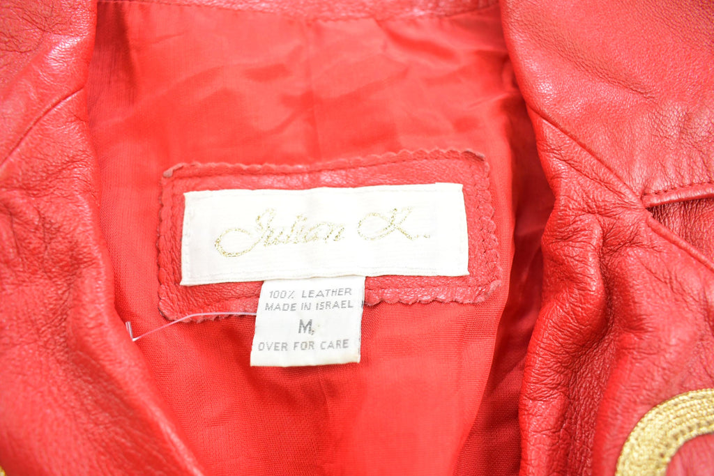 Vintage 1980s Womens Red Leather Embroidered Abstract Pattern Light Jacket