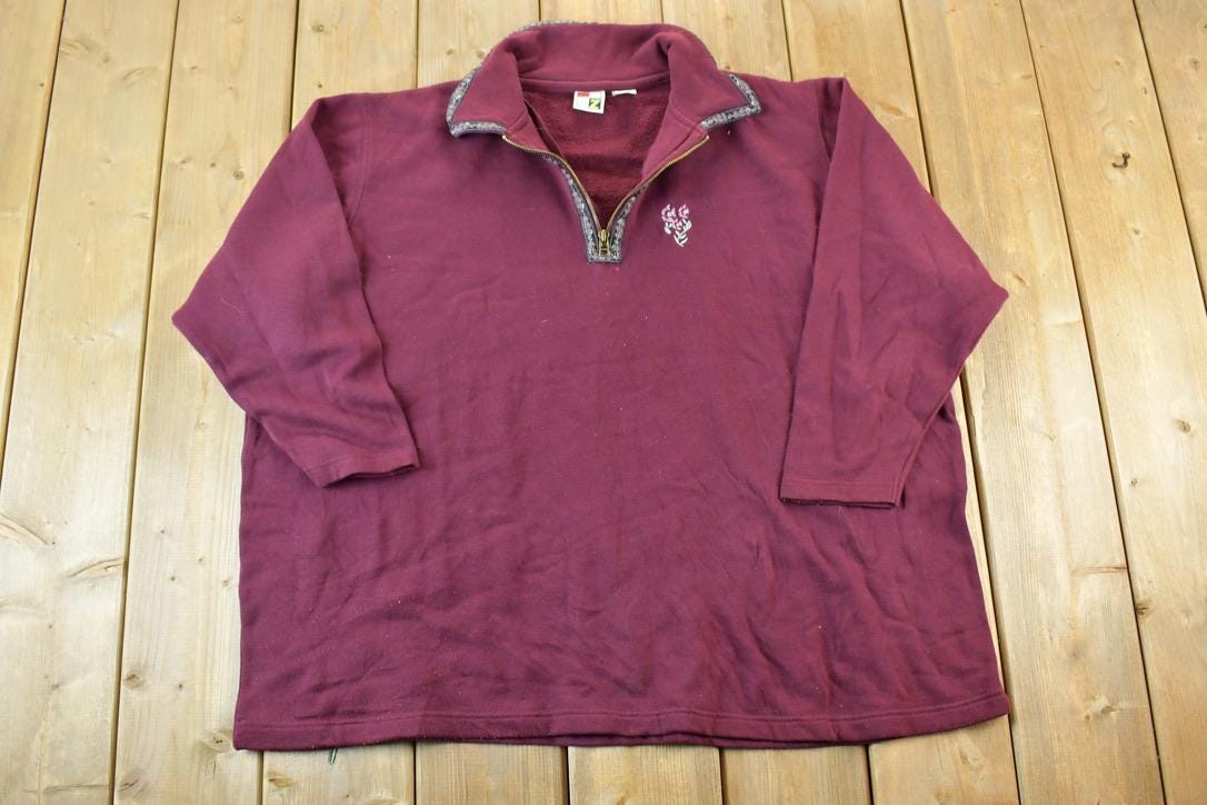 Vintage 1990s Floral Quarter Zip Collared Sweatshirt Made In USA