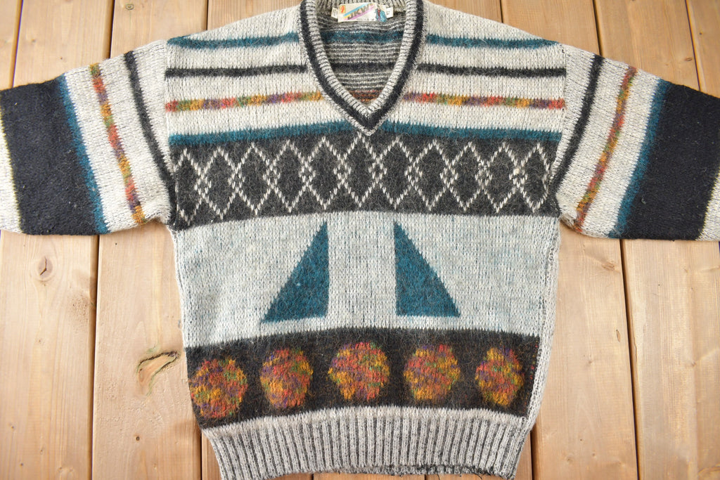 Vintage 1990s JKW V-Neck Knit Abstract Patterned Sweater Size Small