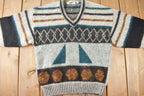 Vintage 1990s JKW V-Neck Knit Abstract Patterned Sweater Size Small