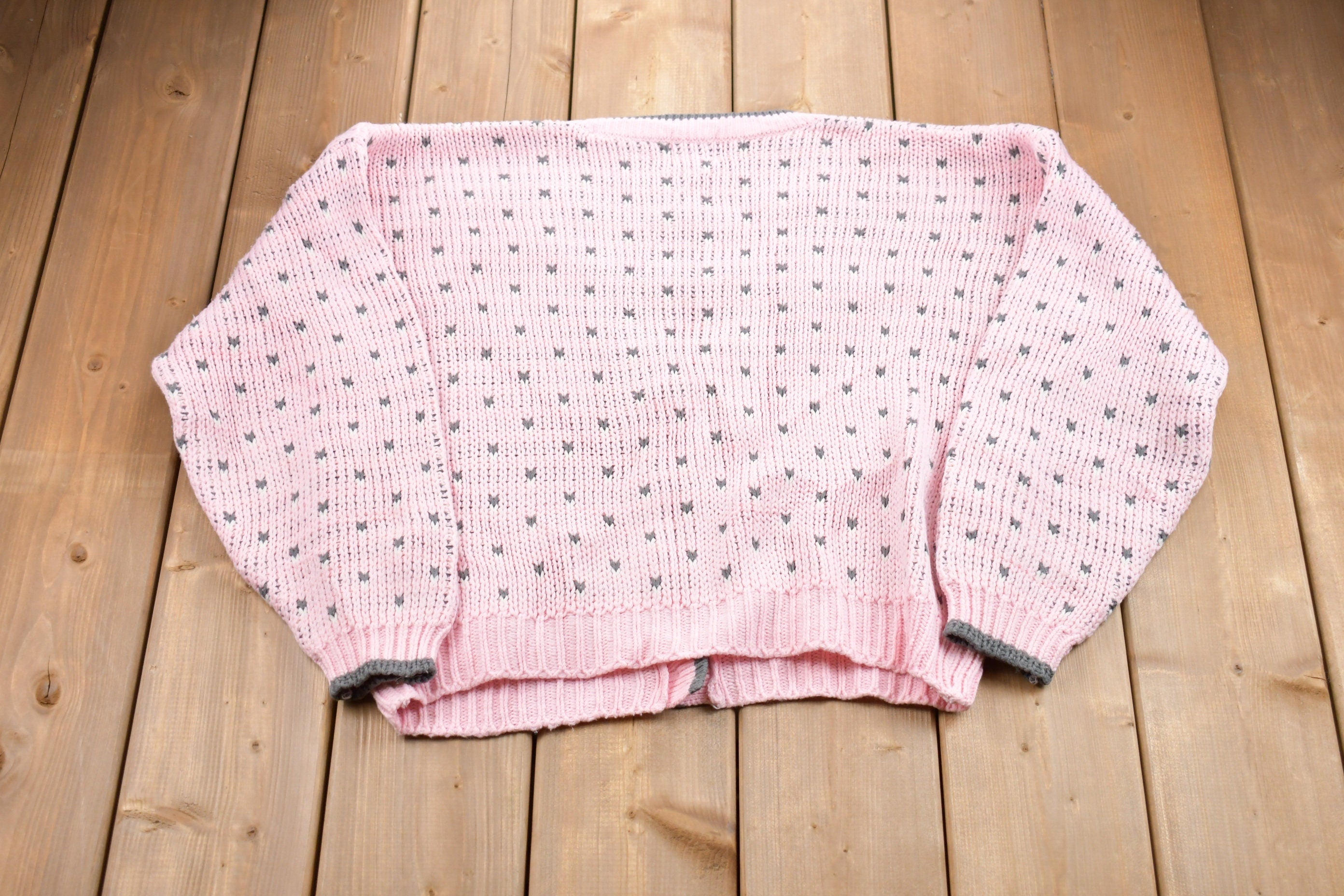 Vintage 1990s Paris Sport Club Knitted Sweater / Vintage 90s Cardigan / Pattern Sweater / Outdoor / Hand Knit / 90s Cardigan /All Over Print