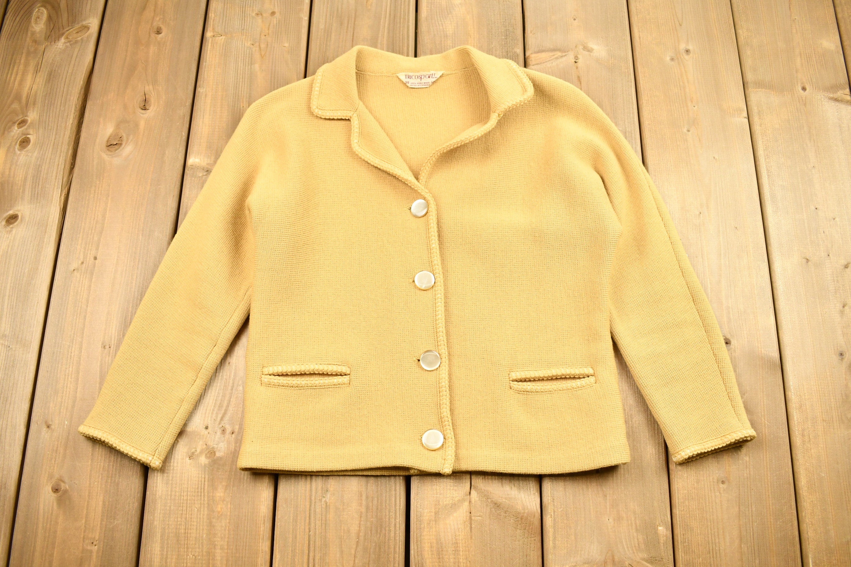 Vintage 1970s Tricotsport Pure Wool Muted Yellow Cardigan Sweater