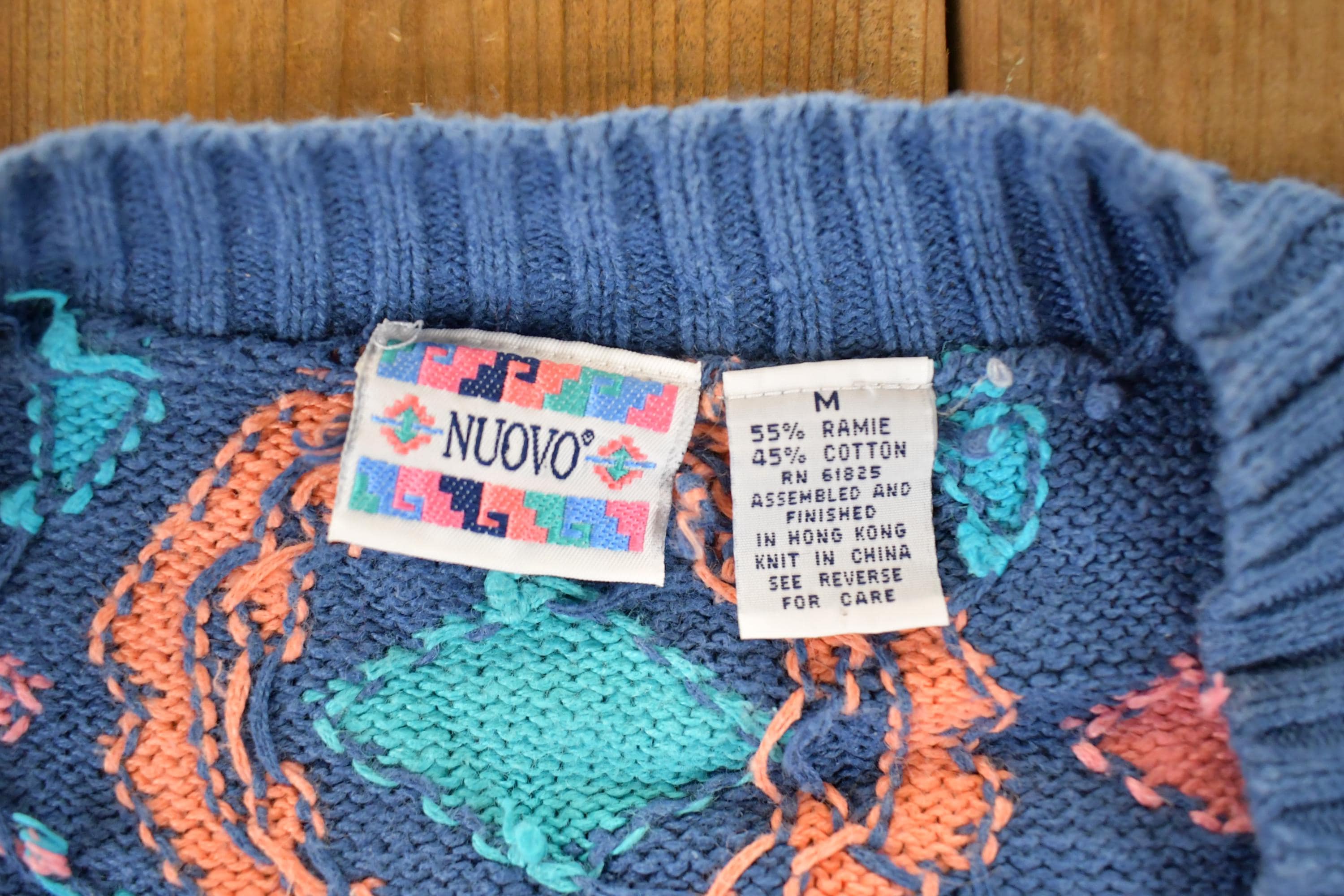 Vintage 1990s Nuovo Knit Abstract Pattern Deep V Sweater Women's XL / 90s Knit Crewneck / Vintage Preppy Knits